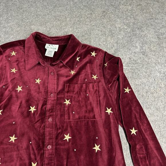 Quacker Factory Shirt Womens Medium Red Velvet Gold Embroidered Star Button Down - Picture 4 of 6